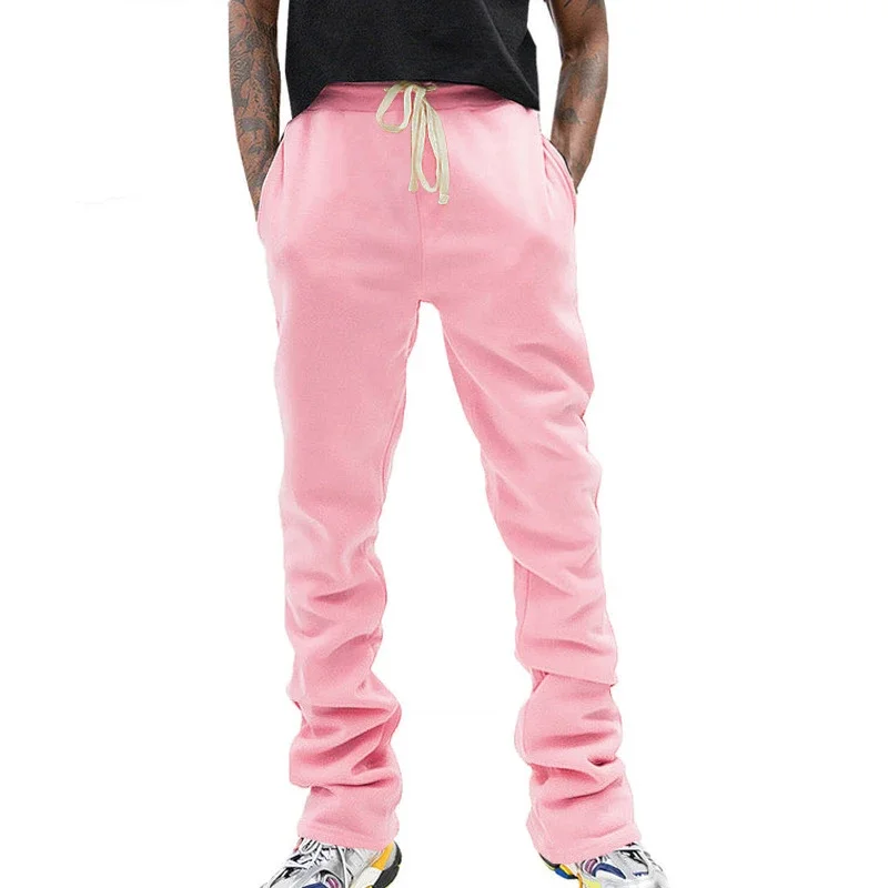 Streetwear Mens Straight Pants Casual Pleated Design Slim Fit Flare Trousers for Men Spring Summer Vintage Drawstring Pants Male