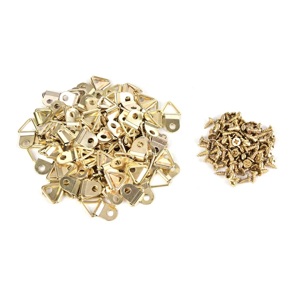 100pcs/Set Universal Strong Golden D Rings Decor Picture Frames Hanger Hooks Hanging Triangle With 100pcs Screws Helper wall hooks picture frame hangers hanging hooks