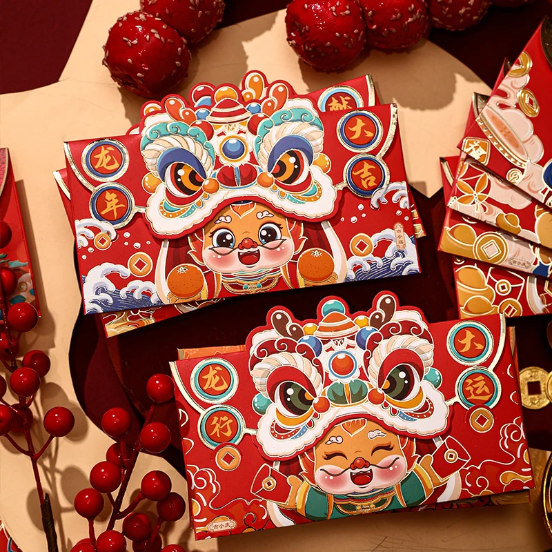 

4 шт., красный конверт на год Дракона, китайский шикарный красный конверт для танцев со знаком зодиака, львом, с мультяшным рисунком, новогодний пакет, для весеннего фестиваля Hongbao, для счастливых денег