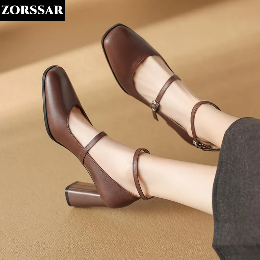 

2024 New Spring Women Shoes Double Buckle Genuine Leather Mary Jane Shoes Women Retro Round Toe High Heel Women Chunky Heels