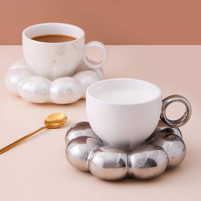 Set Di Tazze E Piattini Da Caffè In Ceramica Da 200Ml Per Uso Domestico Tazze Scandinave Ins High Value Sun Flowe