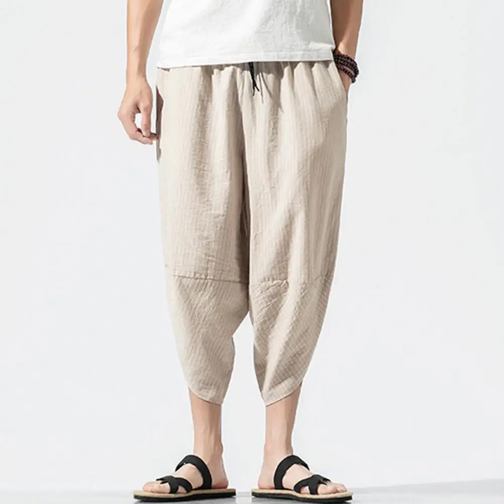 Description Picture 2 of itemMen Summer Cropped Pants Elastic Drawstring Waist Carrot Pants Vertical Striped Print Harem Pants Streetwear