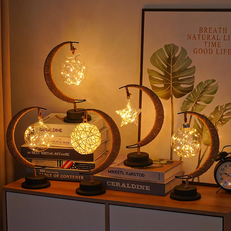 

Metal Led Moon Lights With Shiny Lamp Ball Takraw Handmade Natural Linen Garland Night Lights Ramadan Country Wedding Decoration