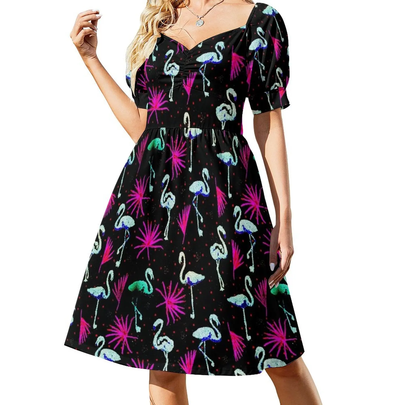 thumbnail image 1 of Vestido playero de manga corta con estampado de flamencos de neón, negro, rosa y azul, con vetas estáticas, para fiestas., 1 of 7