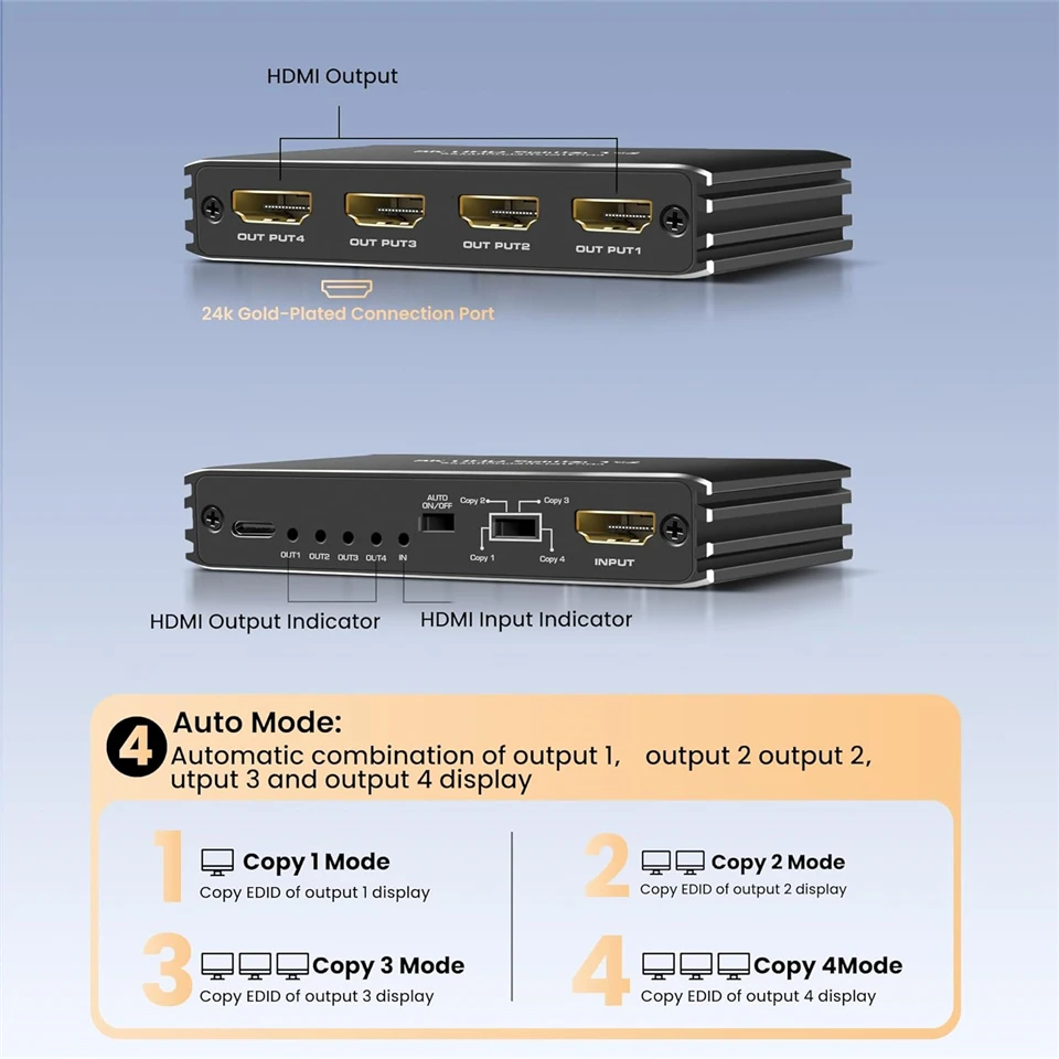 8K 60Hz Splitter HDMI 4 Outputs 4K 120Hz HDR HDMI 2.1 Splitter 1 In 4 Out Screen