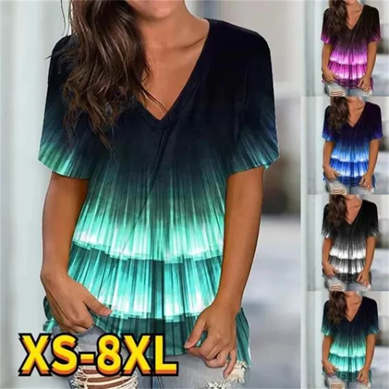 

XS-8XL Women's Fashion Summer Tee Shirts Casual V-neck Short Sleeved Top Ladies Gradient Printed Blouses Loose T-shirts