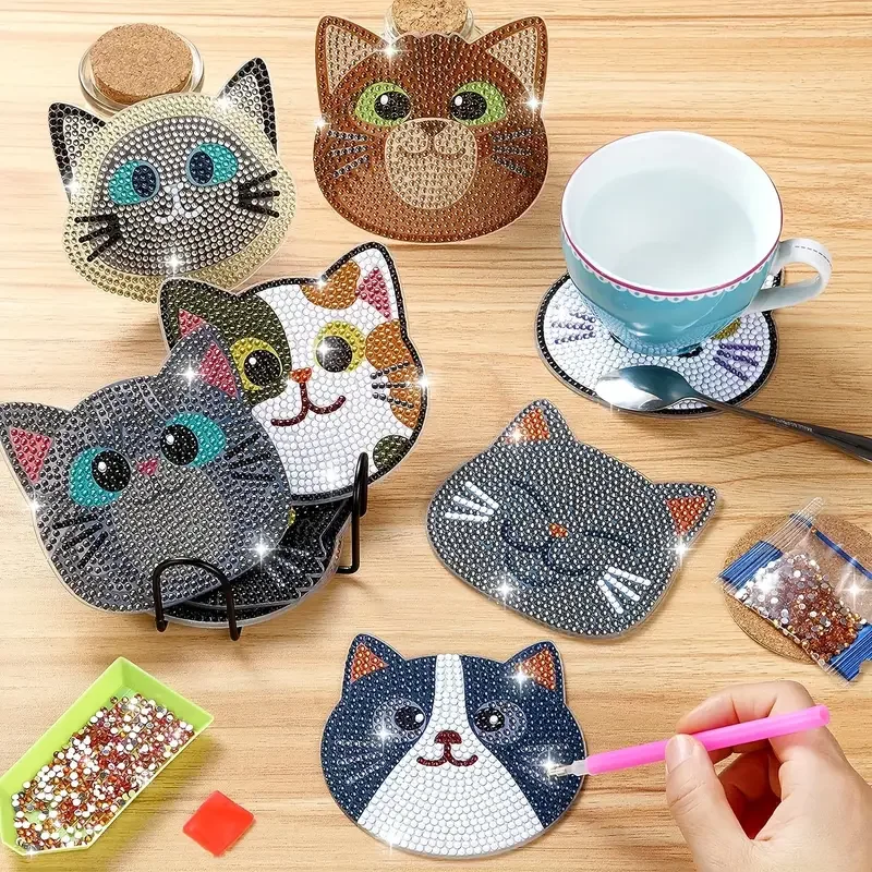 10-Piece DIY Cartoon Cat Diamond Painting Coaster Set, 10cm Round