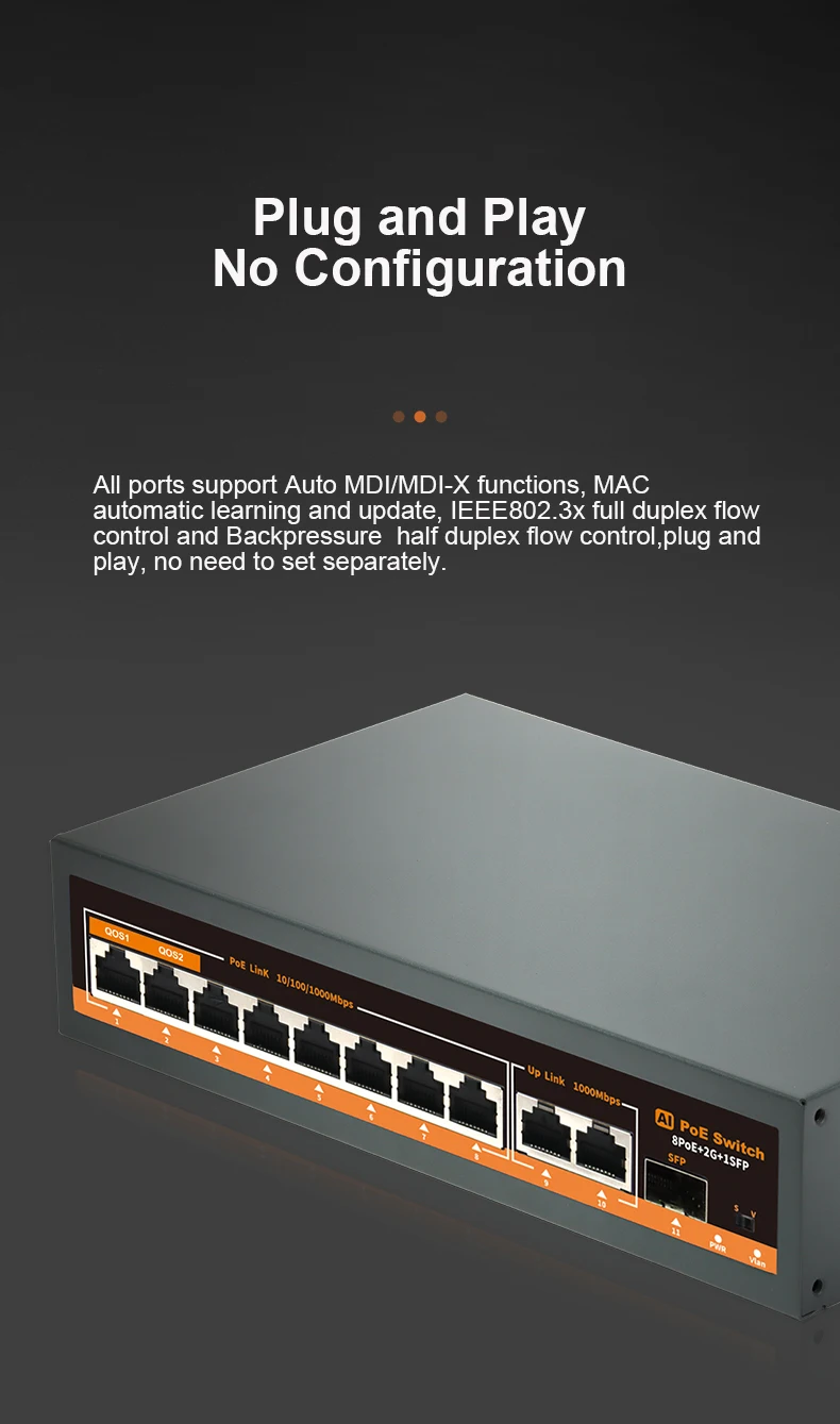 KeepLiNK 11-port full Gigabit unmanaged Ethernet switch with 8 IEEE 802.3af/at PoE+ Ports and 2 RJ45 & 1 SFP For Uplink