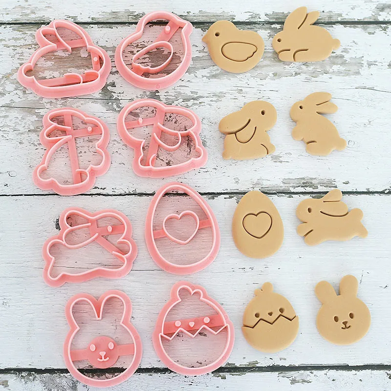 Cookies Cutter Rabbit Egg Dough Stamp Plastic 3D Bunny Cartoon Pressable Biscuit Mold Easter Kitchen Baking Pastry Bakeware 8Pcs
