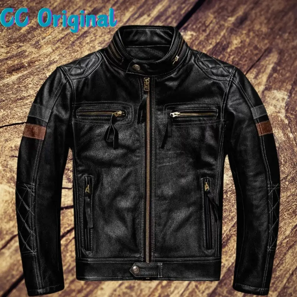 CC 샵. 프로 모터 바이커 진짜 가죽 재킷, 블랙 남성 라이더 소가죽 코트, 고품질 가죽 천, 천연