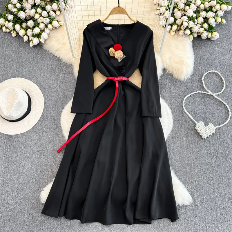

2023 Retro Temperament Black Long Dress Elegant Full Sleeve Suit Collar A-Line Three-Dimensional Flower Slim Spring Dress Z120
