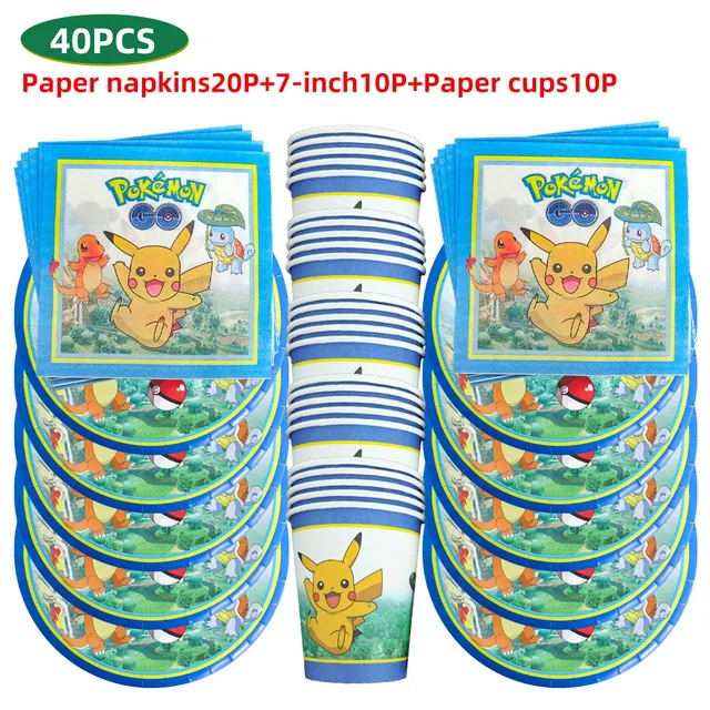TAKARA TOMY Pikachu Pokemon Birthday Decoration Disposable Cutlery Cup Plate Napkin Tablecloth Bag Baby Shower Party Supplies 40PCS