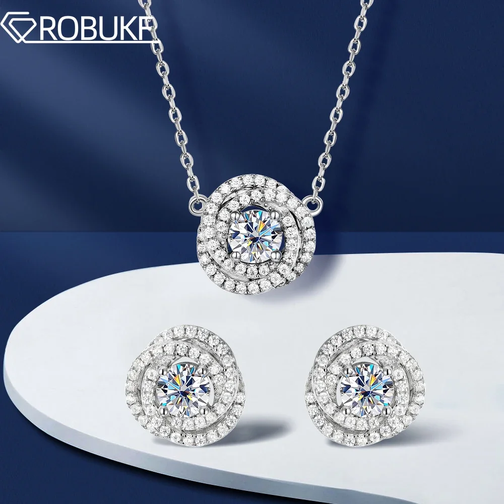 D VVS1 Moissanite Diamond Jewelry Set For Women 925 Sterling Silver 18K Plated Flower Pendant Necklace Stud Earring Gifts