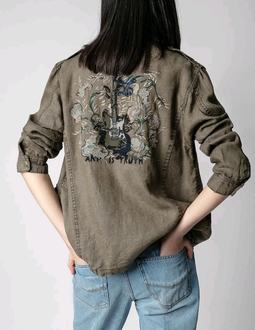 

ZV New Army Green Linen Back Embroidered Guitar Style Commuter Long Sleeve Coat