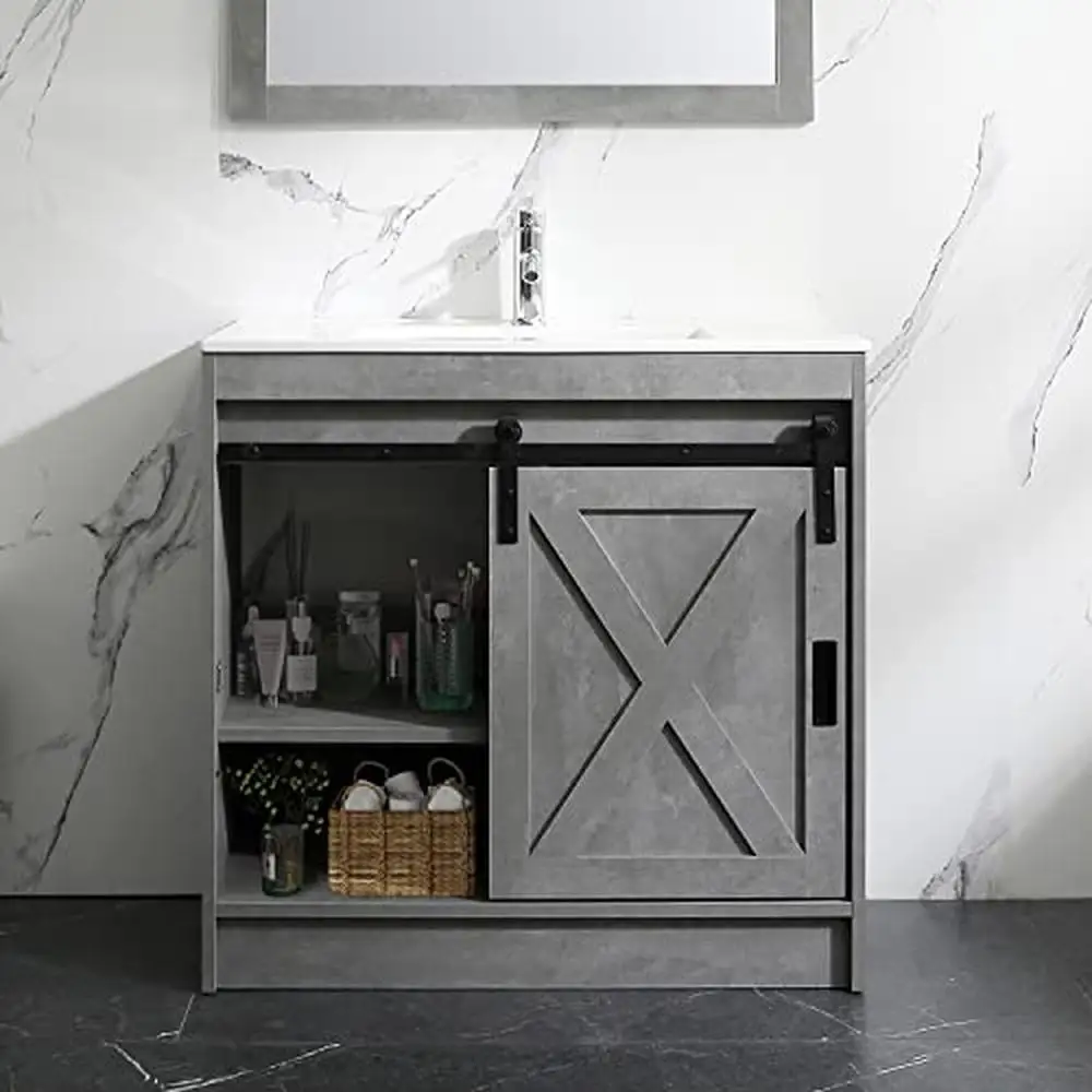 Description Picture 2 of item36" Bathroom Vanity Set with Ceramic Basin Sink Mirror and Chrome Faucet Storage Space Modern Design Easy Assembly Grey Wood