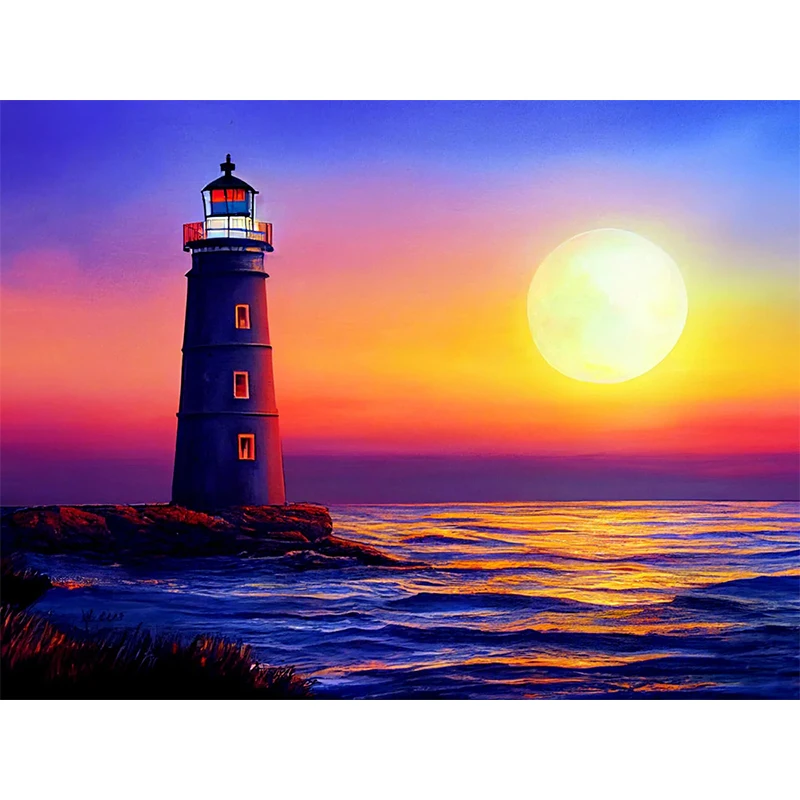 

Full Square Drill Diamond Embroidery Lighthouse Painting Sunset Landscape Mosaic Seaside Hobby Needlework Wall Decoration Gift