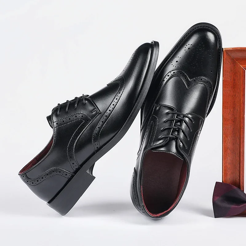 Men Height Increasing Leather Shoes Genuine Leather Brogue 6CM Increase Formal Dress Shoe Business Office Shoes