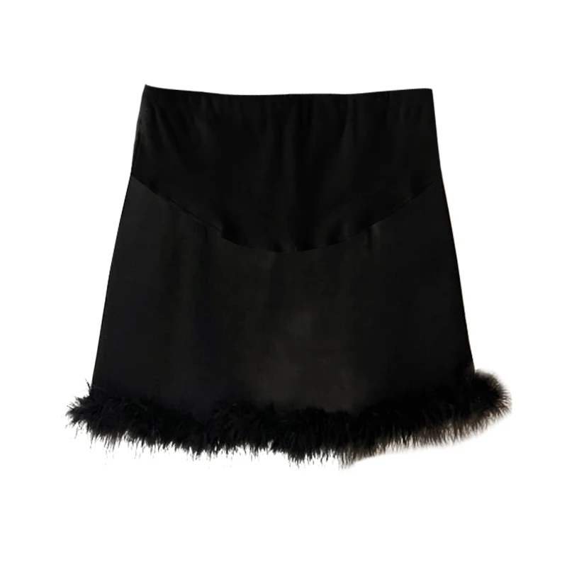 Autumn Winter Pregnancy Clothes Solid Color Elegant Maternity Belly PU Leather Skirt Faux Fur Hem Patchwork Pregnant Woman Skirt