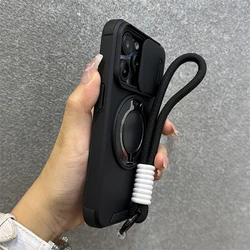 Versatile Armor Phone Case with Magnetic Ring Stand and Wrist Strap - iPhone 14 (Black)