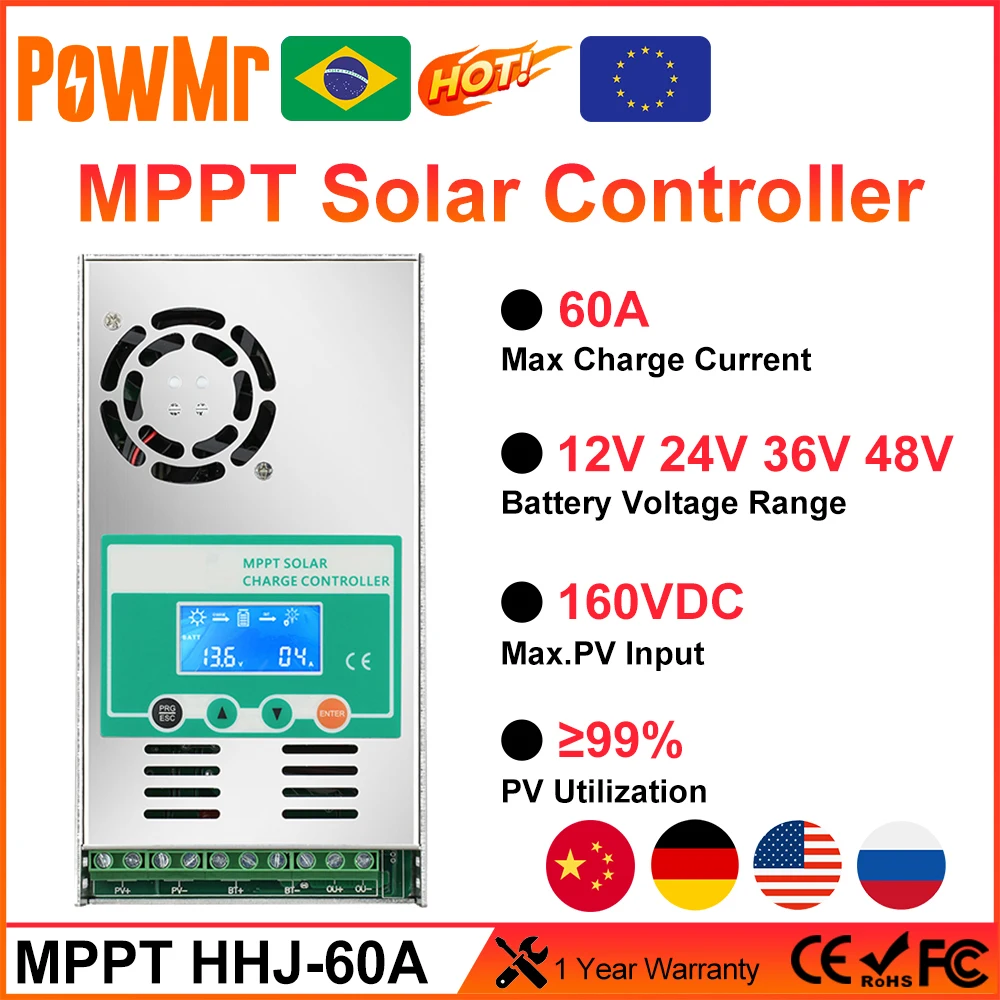 

Контроллер заряда солнечной батареи PowMr MPPT 60A, зарядное устройство с подсветкой 12 В, 24 В, 36 В, 48 В Для вентилируемых запечатанных гелевых элементов питания
