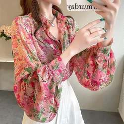 Fashion Loose Printed Lantern Sleeve Chiffon Shirt Women's Clothing 2023 Spring Summer New Casual Tops Office Lady Blouse