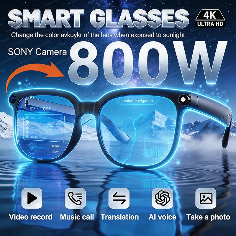 Nuovi Occhiali Smart AI 2026 con Traduzione, Fotocamera HD 8MP, Riprese 4K, Chiamate Bluetooth, Registrazione Immagini, Musica - Occhiali da Sole Intelligenti Uomo Donna