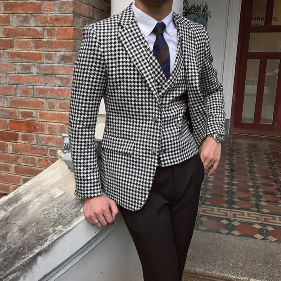 Men's suits számára esküvői houndstooth suits Oda-vissza Hasas Alsóing Nadrág báli tuxedos (blazer+vest+pants)