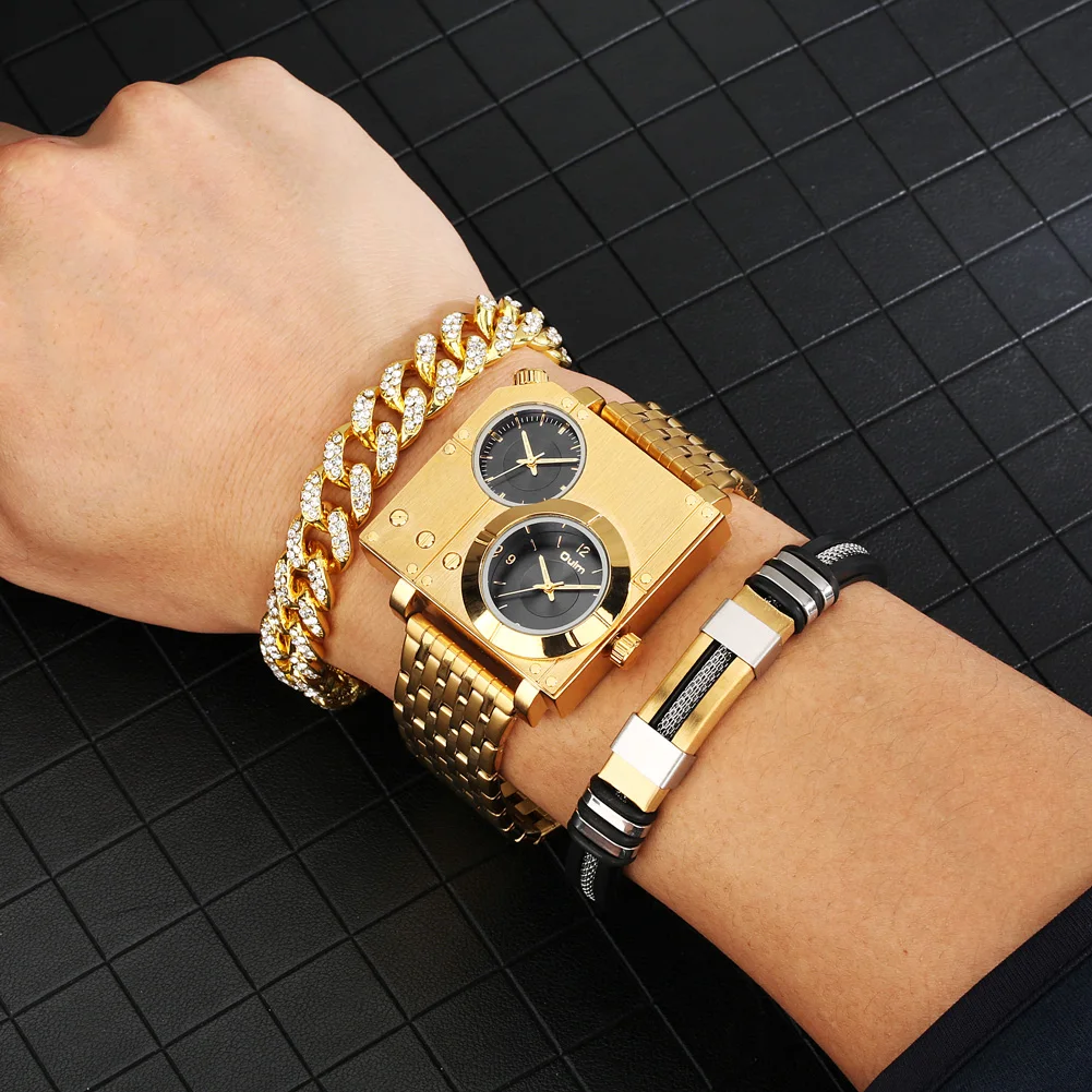 Golden Luxury Brand Quartz Wristwatch Male Diamond Bracelet Set Gift for Boyfriend Fashion Square Dial Design Relogio Masculino 5