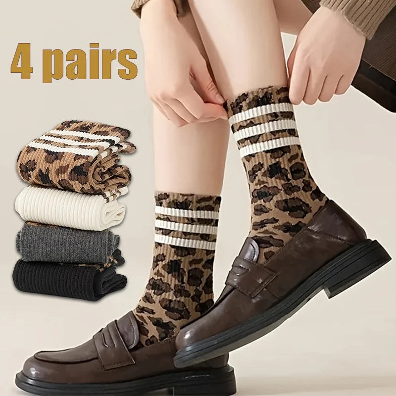 4 Pairs Women Striped Socks Soft Comfortable Casual Sports Sock Leopard Print Breathable Fashion Middle Tube Sox