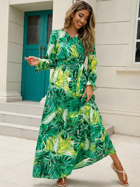 Spring Summer Maxi Dresses Fashion Floral Printed Full Sleeve V