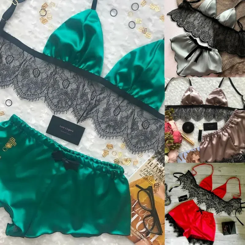 Women Pajamas Set Underwear Sexy Silk Satin Lingerie Crop Tops Bralette&Panty Sets Soft Wear for Girls Tops Briefs Lace Suit