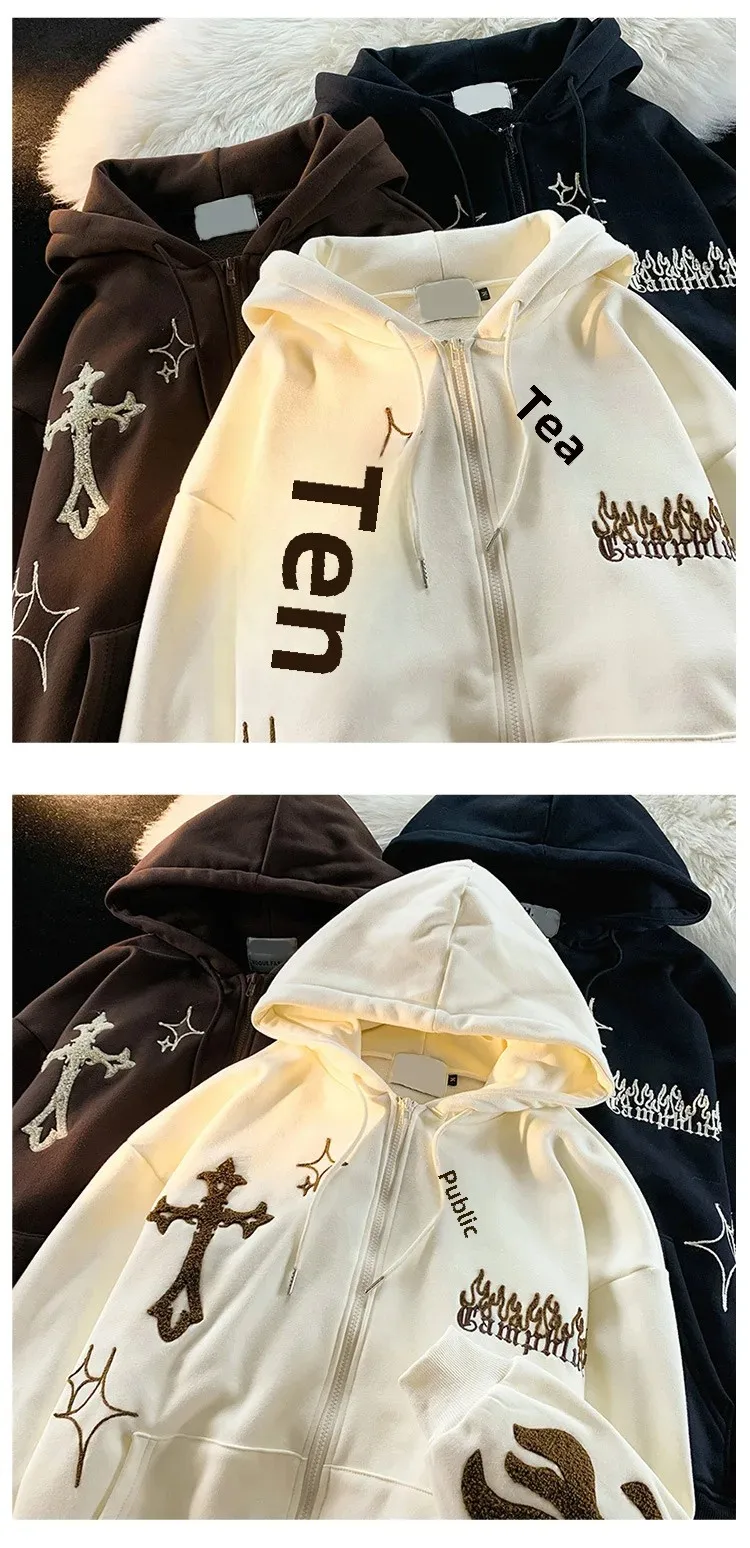 Description Picture 4 of itemAmerican Style Retro Open Cardigan Sweatshirt Fun Embroidery Oversize Couple Loose Hoodie Women Autumn Winter Outerwear