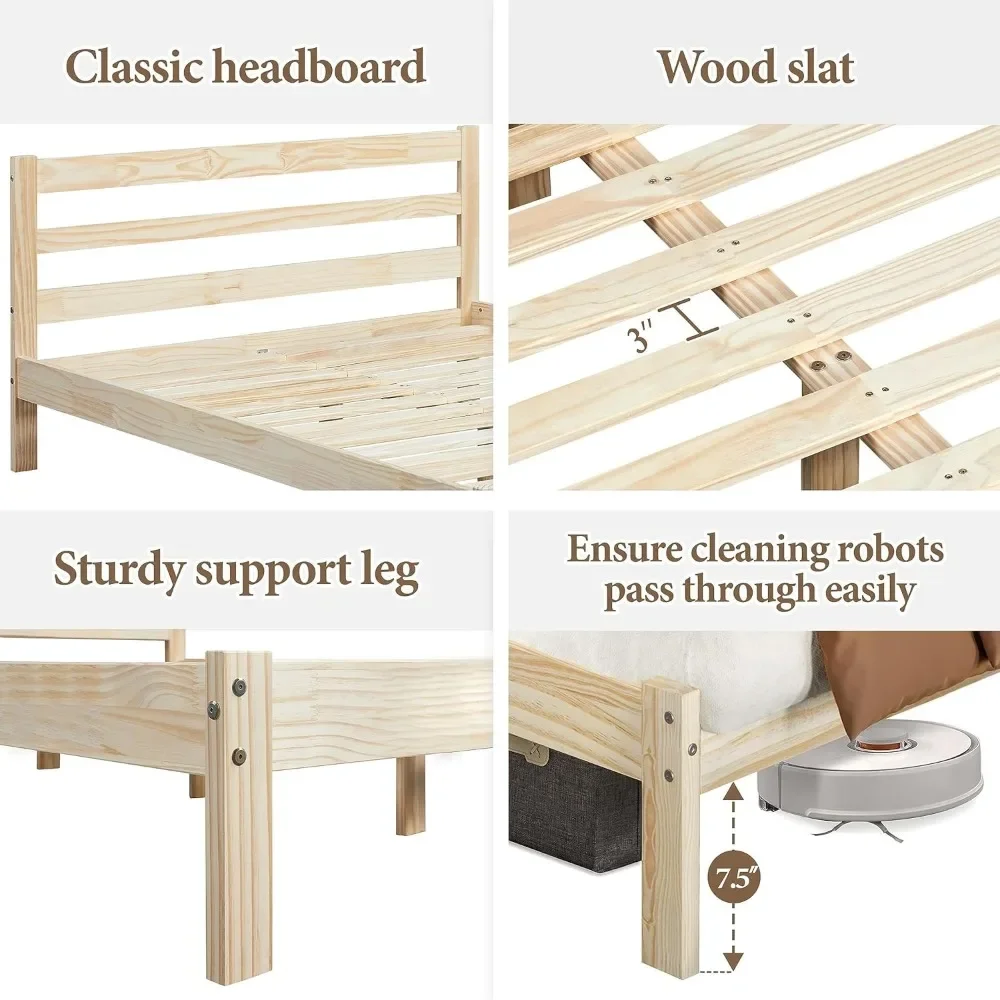 Bed Frame Solid Pine Wood Platform Bed with Paneled Headboard, Wicklow Style/Wooden Slats Support/Noise-Free 4
