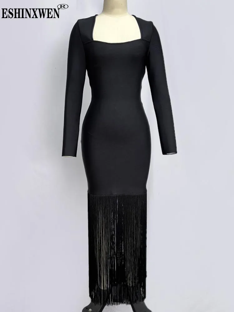 

Eshin Square Collar Solid Color Long Sleeve Patchwork Tassel Party Dresses For Women 2024 Spring Fashion Female New Dress TH6114