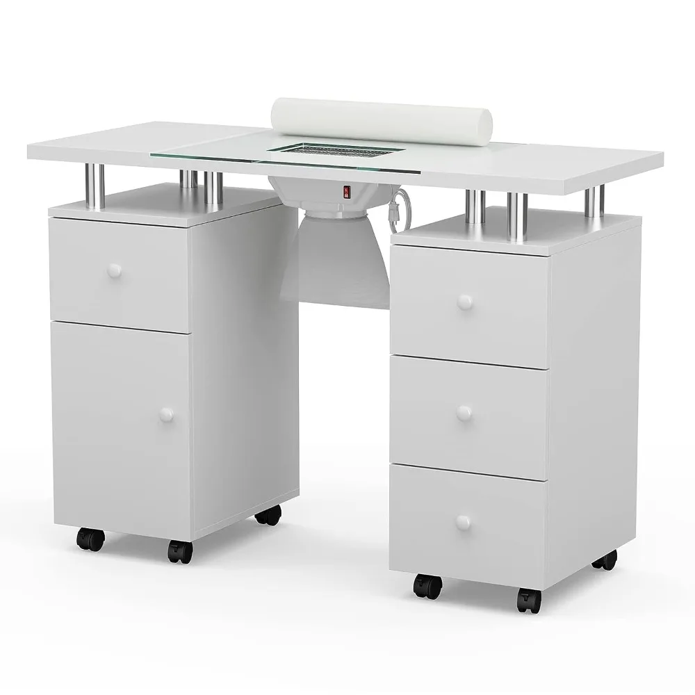 Paddie Manicure Table, Glass Top Nail Makeup Desk Nail Table Station for Nail Tech w/Electric Downdraft Vent, Wrist Cushion belandi foldable manicure table nail station folding nail desk station for nail tech w electric downdraft vent lockable wheels