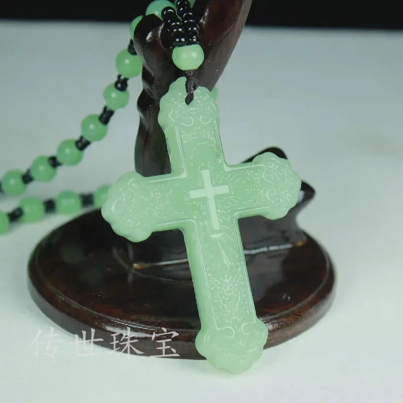 Chinese Natural Green Jade Cross Pendant Necklace
