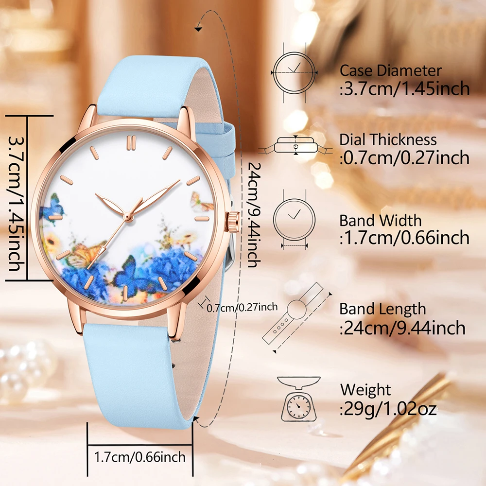 elegant Blue Five Piece Round Head Watch Quartz Watch Blue Love Alloy Accessory Set Women's Watch Accessory Set 4