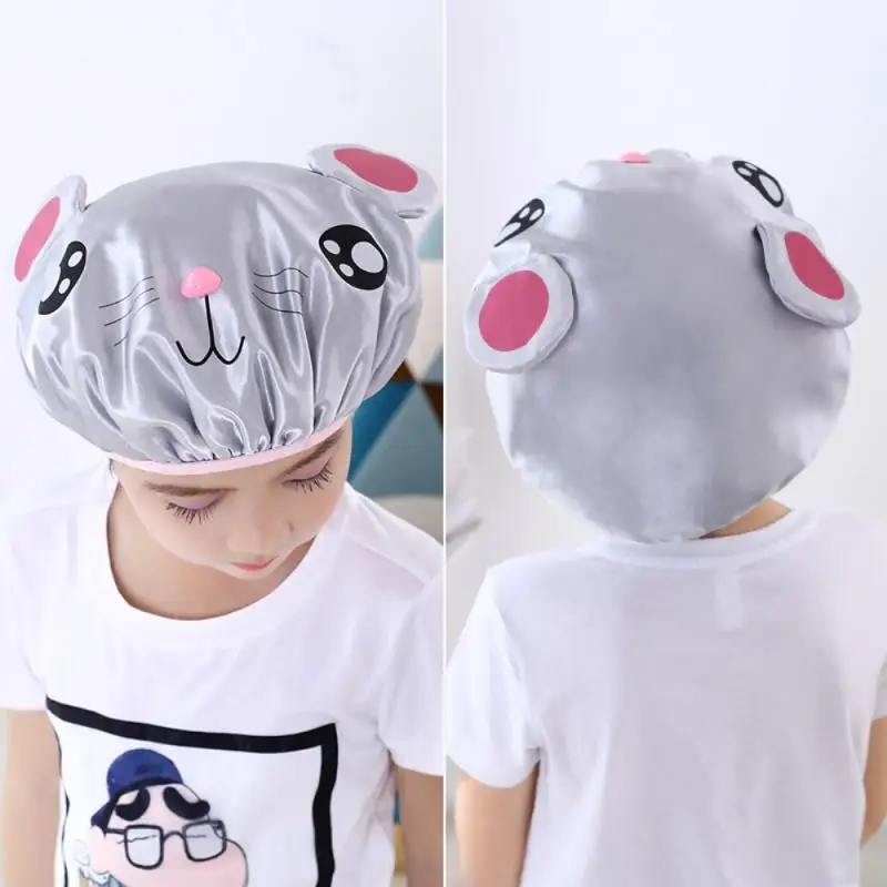 Children's Cartoon Shower Cap Double-layer Waterproof Material Cute Frog Print Satin Washing Cap Bath Head Cover Shower hair wash hat shampoo shower cap