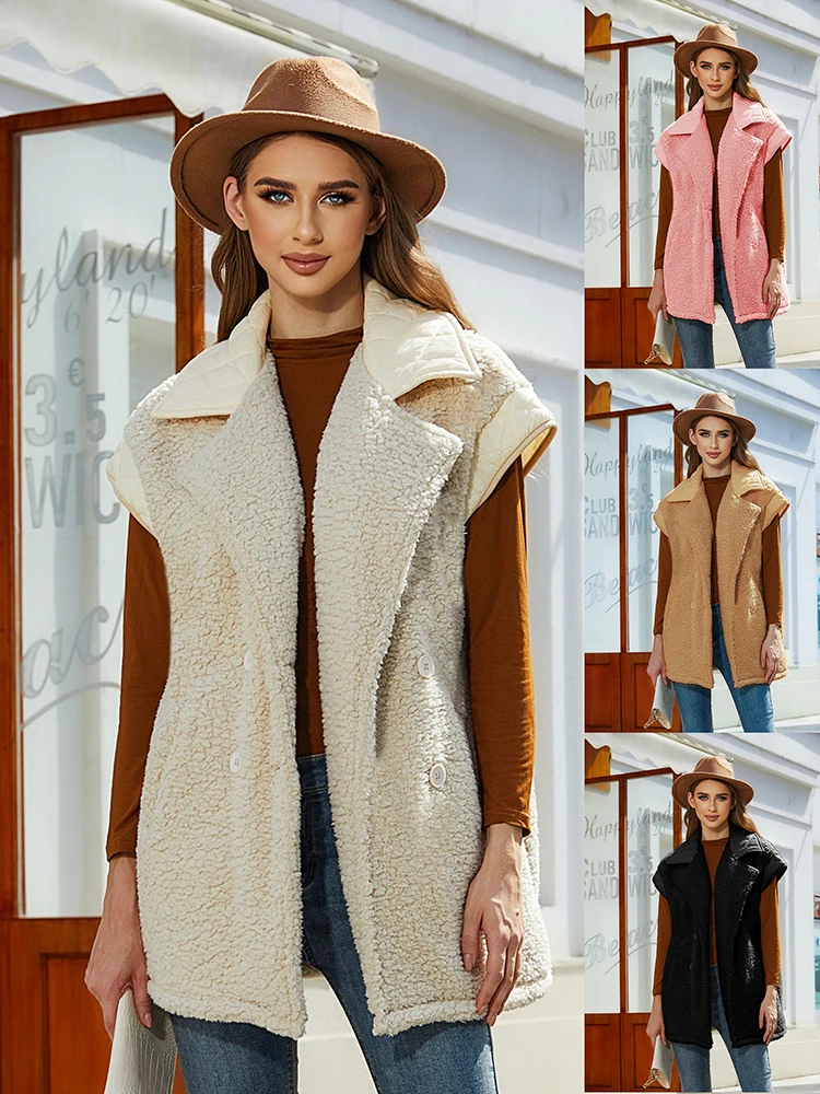 

Autumn and winter new European and American style loose sleeveless suit collar double breasted double-sided velvet women's coat