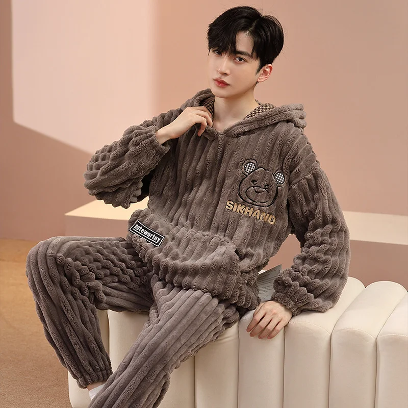 

Flannel 2023 New Pajamas Men's Set Autumn Winter Coral Fleece Long Sleeve Hooded House Clothes Male Home Wear Warm Suit