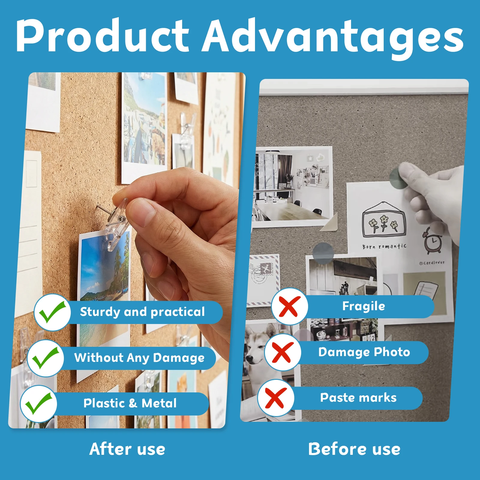 50Pcs 푸시 핀 클립 게시판 용 투명 압정 코르크 보드 사진 벽 장식 디스플레이 사무용품