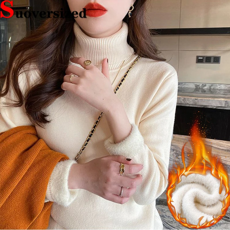 

Turtleneck Winter Slim Sweater Plush Lining Warm Sueter Thicken Bottomed Knitted Pullover Tops Soft Classic Knitwear Jerseys