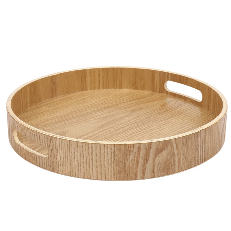 

5X Round Serving Bamboo Wooden Tray For Dinner Trays Tea Bar Breakfast Food Container Handle Storage Tray 2