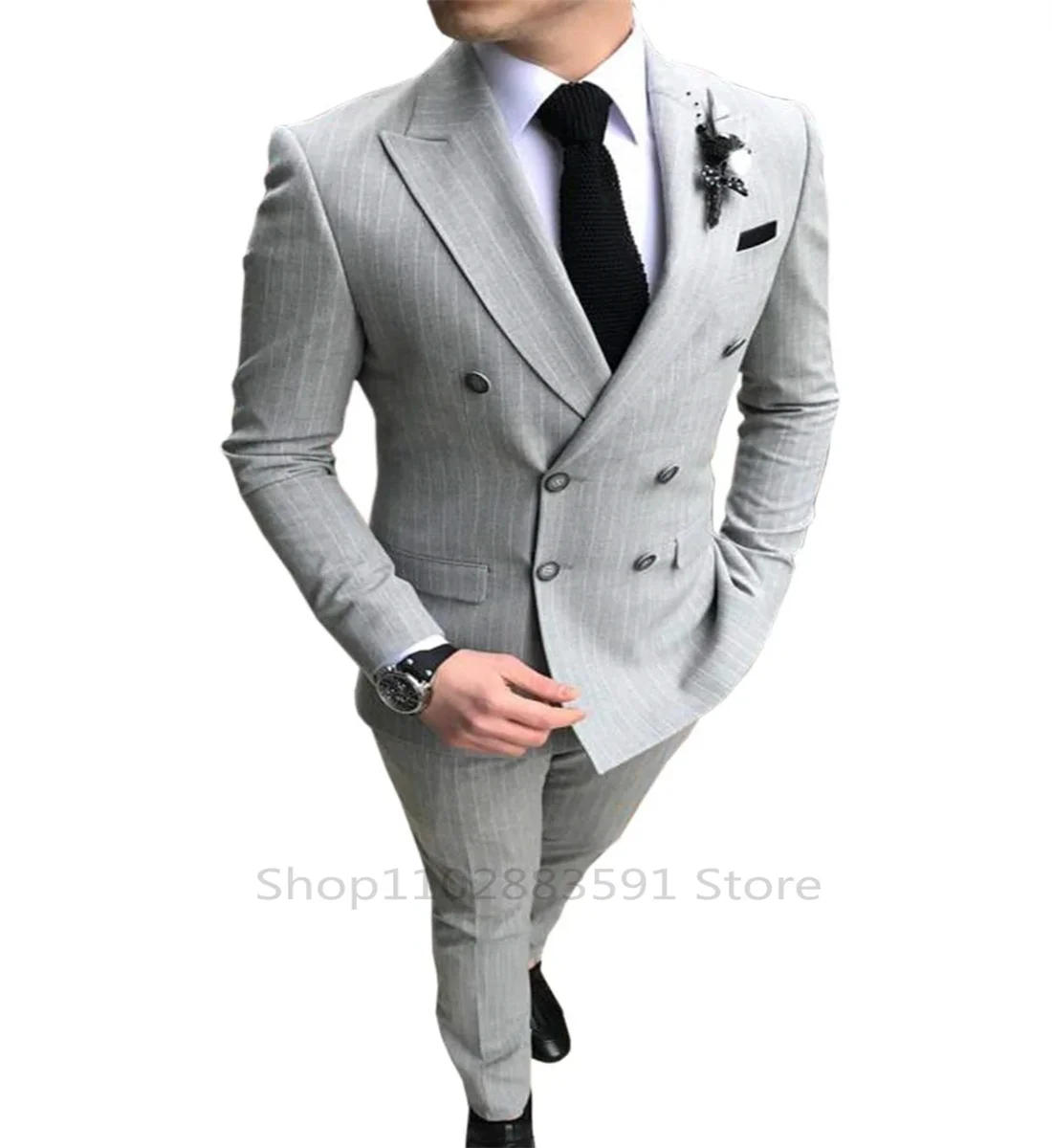 Luxury Men's Striped Wedding Casual Tuxedo Men's British Slim Suit Quality Business Social Club Suit Costume Homme 2 Pieces