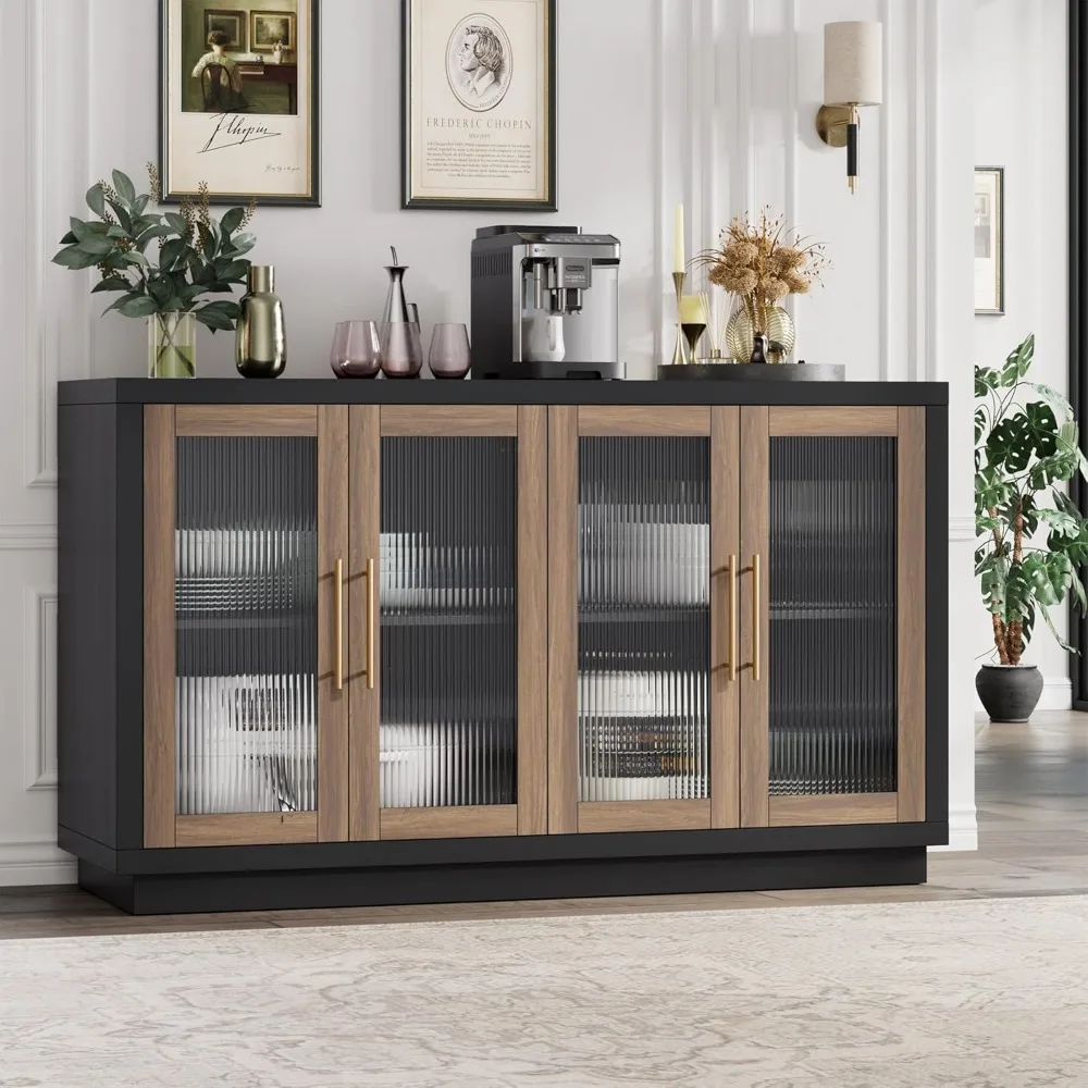 Buffet Cabinet with Storage, 55.1" Large Sideboard Buffet Cabinet, Modern Sideboard Kitchen Cabinet with 4 Fluted Glass Doors 4