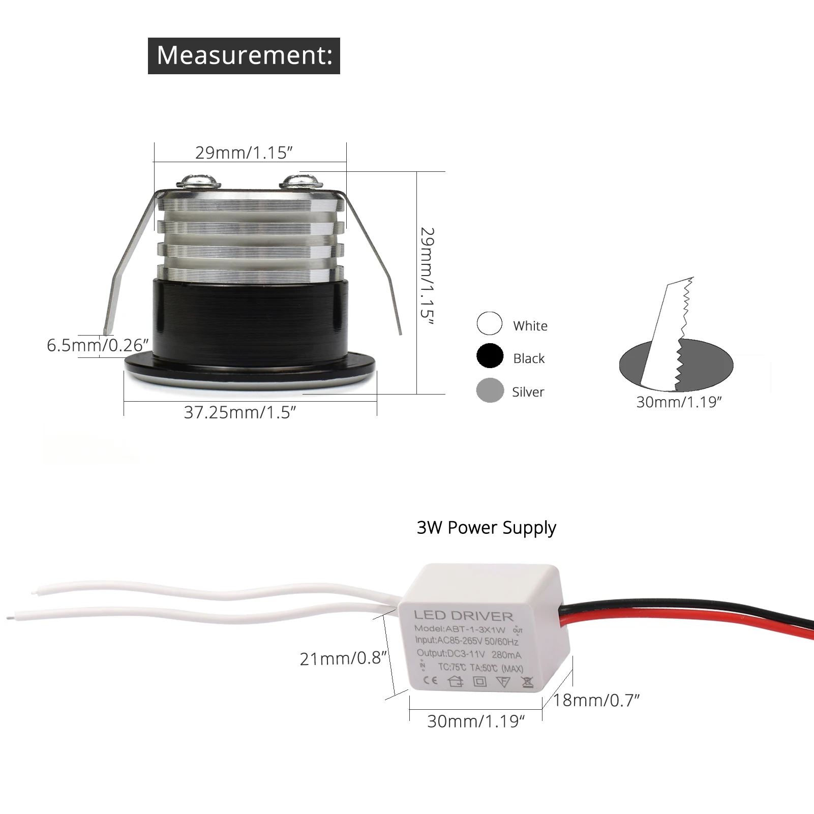 소형 LED 스폿 다운라이트, COB 3W, 270lm, 110V, 220V, 디밍 가능 캐비닛 라이트, 블랙 화이트 실버 마감, 알루미늄 컷 홀 30mm, 30 개