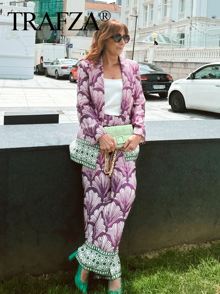 

Женский брючный костюм с принтом TRAFZA, повседневный свободный блейзер с отложным воротником и длинными рукавами + широкие брюки с высокой талией, комплект из 2 предметов, TRAF