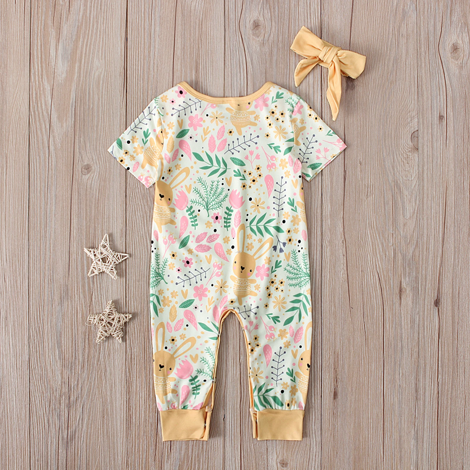 

Easter Infant Baby Girl 2 Pcs Outfits Set, Short Sleeve Cartoon Rabbit Plant Print Jumpsuit with Headband 2022 New Fashion
