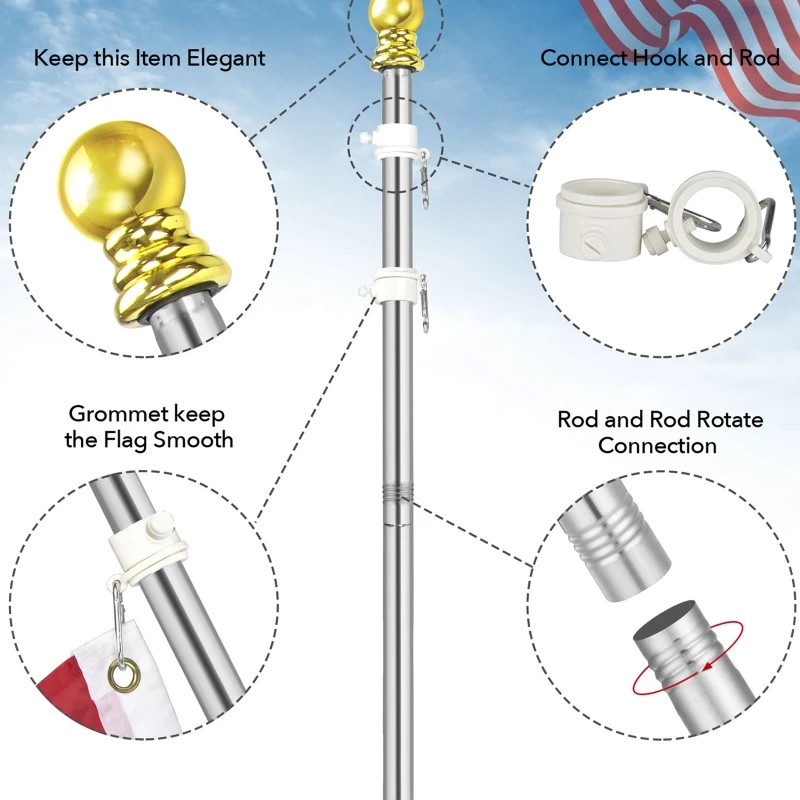 Stainless Steel Spinning Flag Pole 1.8m Kit Combination Wall Mount Set for Indoor Outdoor Garden Yard Decoration Flagpole