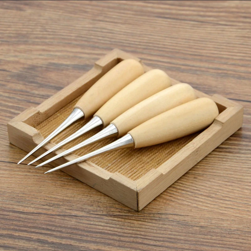 나무 손잡이 Awls DIY 가죽 텐트 재봉 콘 신발 수리 도구, 핸드 스티처 가죽 공예 송곳 펀치 구멍 가죽 도구, 1PC 